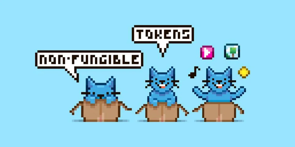 Three cats in cardboard boxes with text about non-fungible tokens Stock Illustration