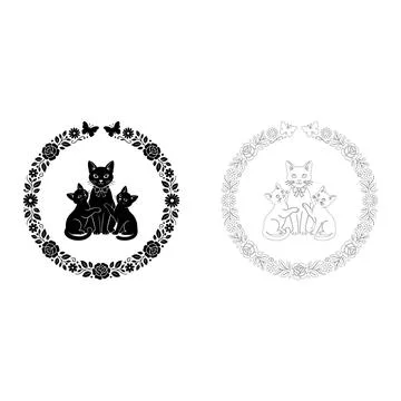Three cats sitting together inside a circular floral wreath with roses and .. Stock Illustration
