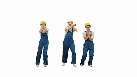 Three caucasian construction workers dancing on white background. Vídeos de archivo 128661784
