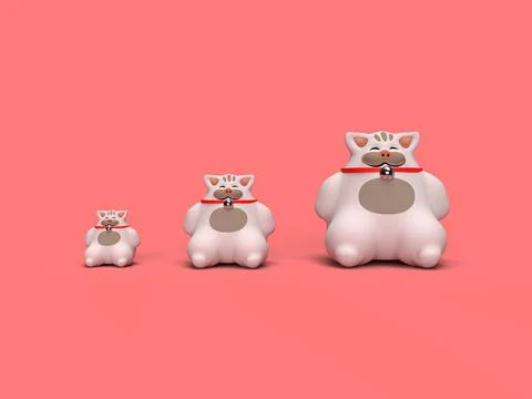 Three ceramic, toy cats in a row over a red background with soft lighting. 3d Ilustración de archivo