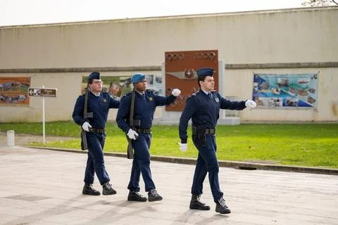 Three ceremonial guards marching at memorial in Belem Lisbon Portugal Stock Photos