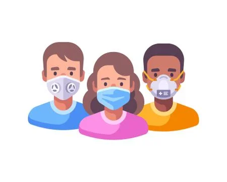 Three characters in face masks flat illustration. Coronavirus protection conc Illustrazione stock