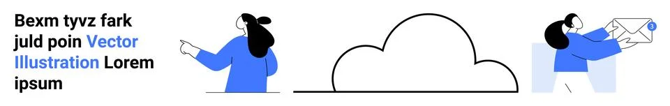 Three characters interact with cloud computing elements one points to text, a Stock Illustration