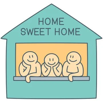 Three characters on the window of sweet home - vector line art illustration Stock Illustration