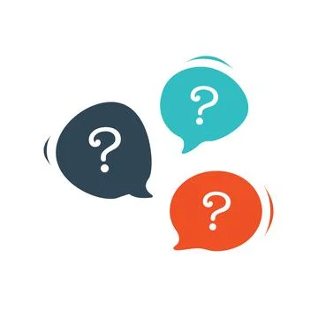 Three chat speech message bubbles with question marks. Forum FAQ icon. Commun Stock Illustration