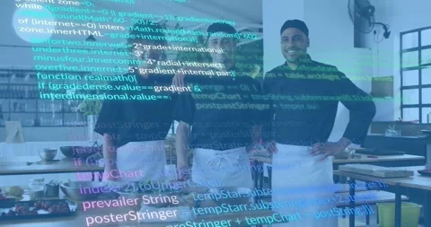 Three chefs standing behind table in kitchen, code appearing and scrolling Stock Footage 318063281