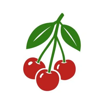 Three cherries with green leaves. Flat vector fruit illustration for summer Stock Illustration