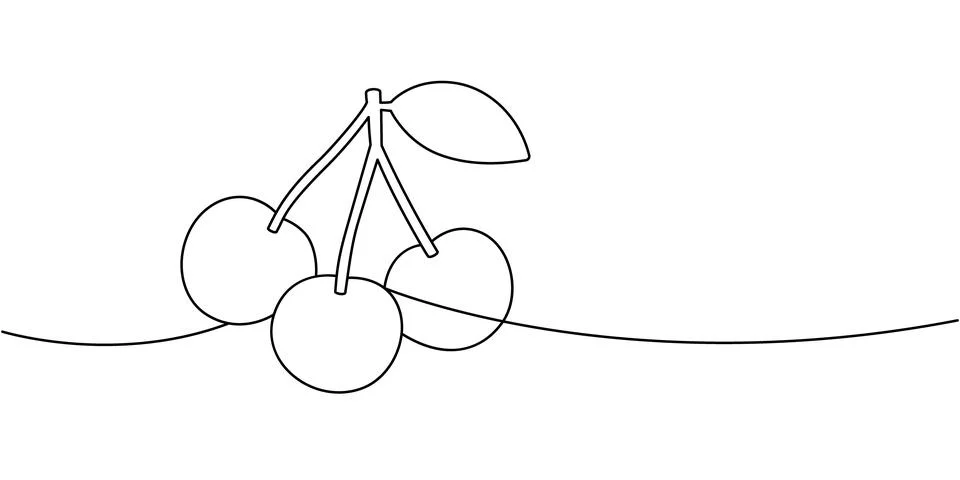 Three cherries with stem continuous line drawing. Minimal one line fruit Stock Illustration