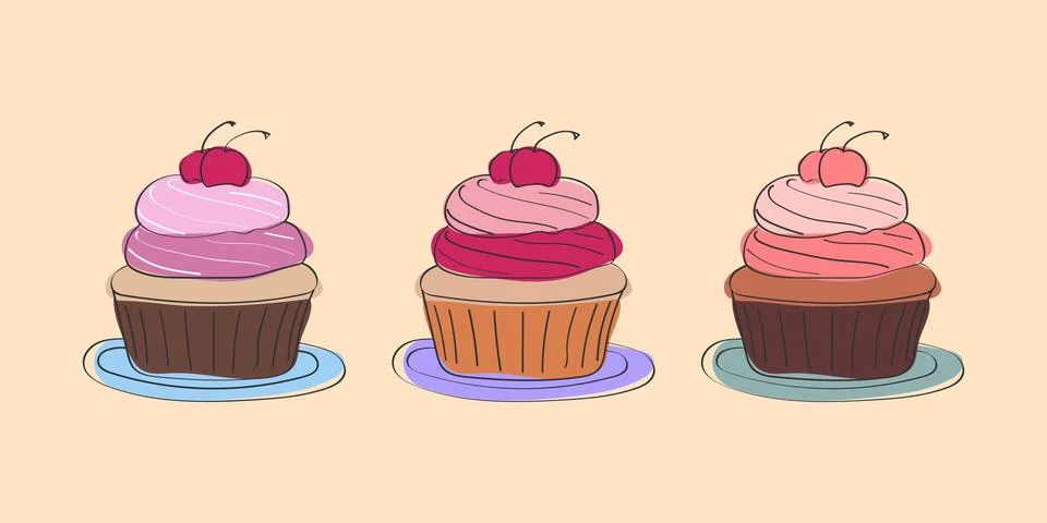 Three cherry cupcakes on plates Stock Illustration
