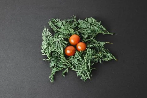 Three cherry tomatoes with herbs around Stock Photos