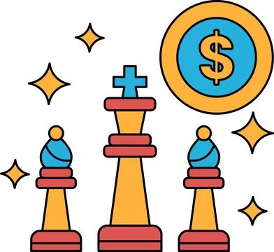 Three chess pieces are on a board with a dollar sign in the middle Stock Illustration
