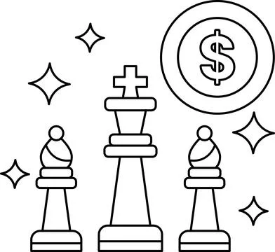 Three chess pieces are on a board with a dollar sign in the middle Stock Illustration