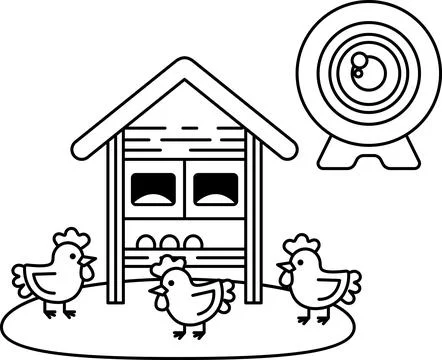 Three chickens are standing in front of a chicken coop Stock Illustration