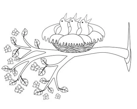 Three chicks are sitting in a cozy nest on a flowering branch - vector Stock Illustration