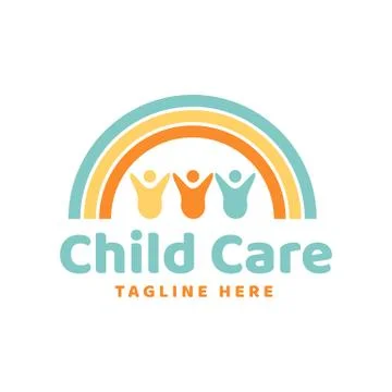 Three child care under rainbow community logo design template inspiration Stock Illustration
