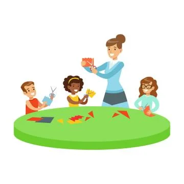 Three Children In Art Class Crafting Applique Cartoon Illustration With Stock Illustration