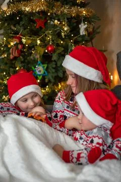Three children have fun on the background of the Christmas tree. children are Foto stock