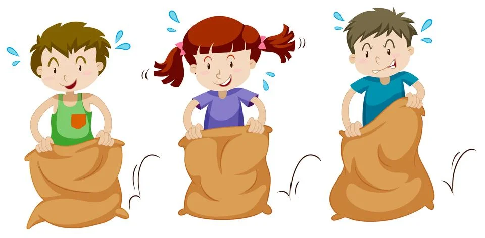 Three children jumping in sacks Stock Illustration