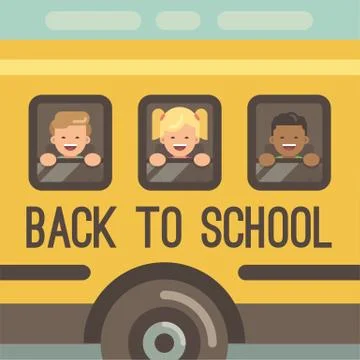 Three children looking out the windows of a yellow school bus, two boys and a Stock Illustration