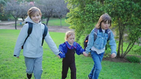 Three Children Running and Holding Hands in Green Park on Sunny Day. Vidéo 338140244