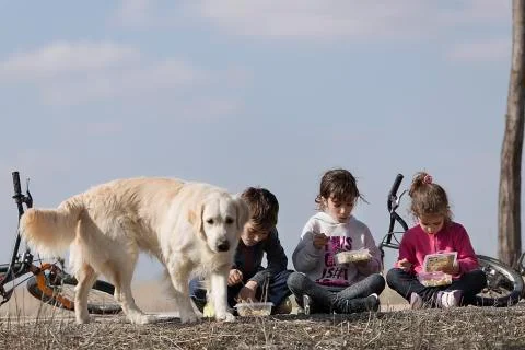 Three children sitting on floor taking outdoor snack Stock Photos