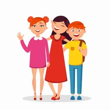 Three children standing and hugging vector flat illustration. Group of kids Stock-Illustration