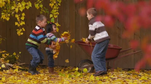 Three children throwing fall leaves, slow motion Stock-Footage 61676351