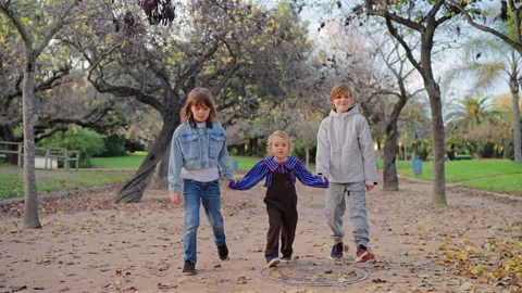 Three Children Walking Together Holding Hands in Autumn Park. Vídeo Stock 338141721