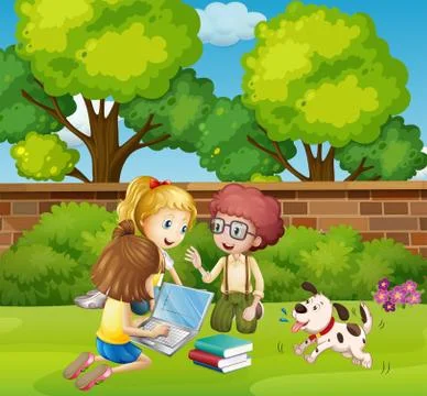 Three children working on computer in park Illustrazione stock