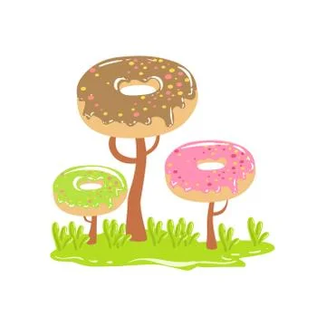 Three Chocolate Trees With Dnut Crowns Fantasy Candy Land Sweet Landscape Illustrazione stock