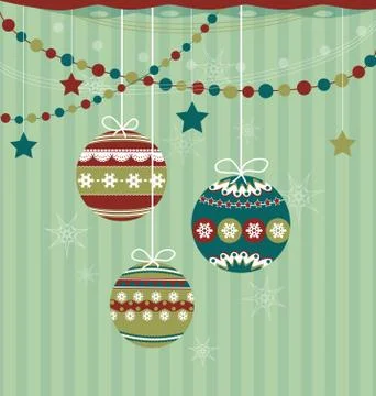 Three Christmas balls on striped background Stock Illustration