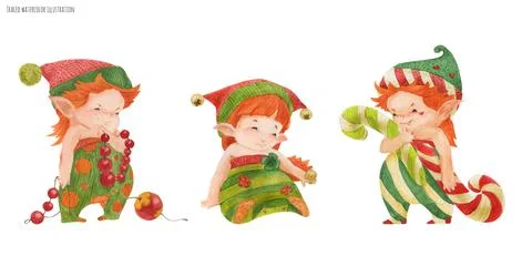 Three Christmas elves with candy sweets Stock Illustration