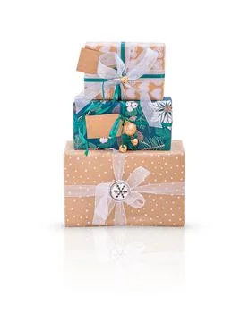 Three Christmas gift boxes isolated on white background. Foto stock