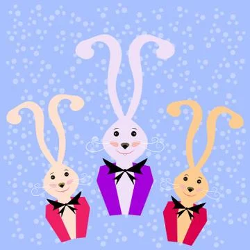 Three Christmas hare. Snowfall. Holiday card Stock Illustration