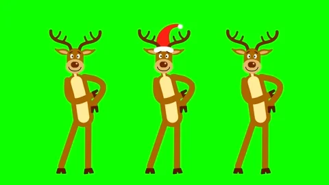Three Christmas reindeer in red caps and with antlers are dancing Stock Footage