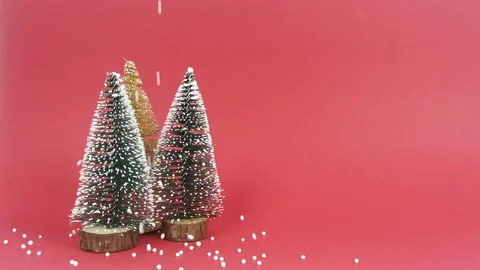 Three Christmas trees on a red background with snow, Concept Christmas snowing. Stock Footage 143705575