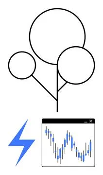 Three-circle tree diagram above candlestick stock chart and blue lightning bo Stock Illustration