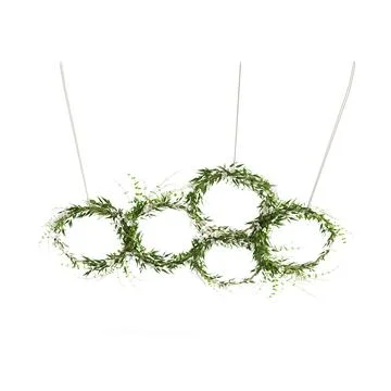 Three circles covered with vines hang on strings from metal wires 스톡 일러스트