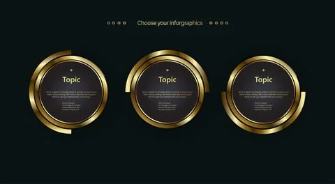 Three circles golden infographic option template design, objects, elements on Stock Illustration