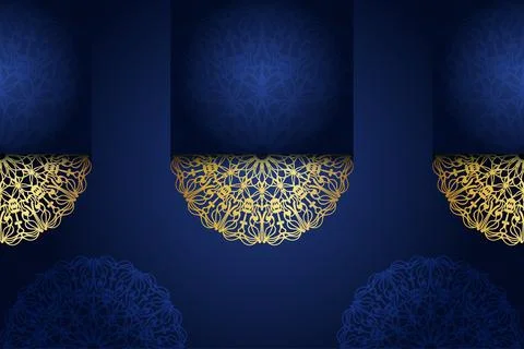 Three circular ornaments featuring a blue and gold design, elegantly Stock Illustration