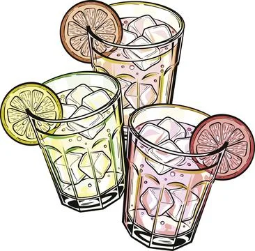 Three Citrus Drinks with Ice Cubes and Fruit Slices in Glasses Stock-Illustration