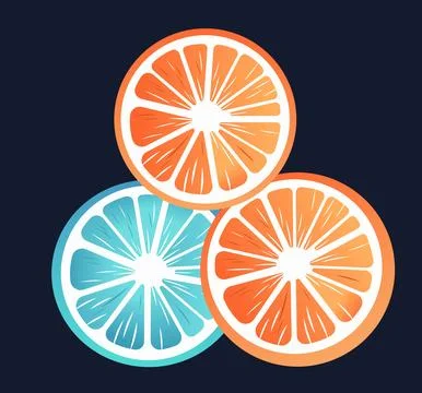 Three citrus fruit slices in orange and blue on dark background Stock Illustration