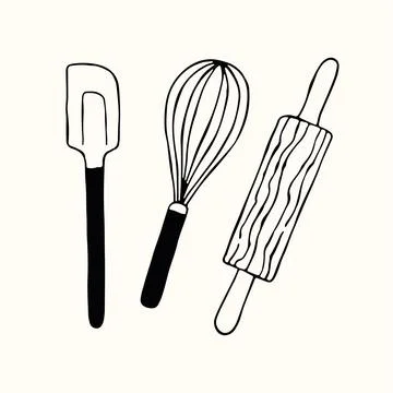 Three classic baking utensils a spatula, a balloon whisk, and a rolling pin Stock Illustration