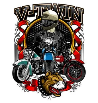 Three classic motorbikes with a biker background Stock Illustration