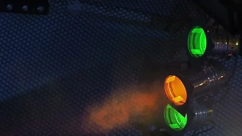 Three classic stage spotlights flash in the fog under the stage ceiling 스톡 동영상 155211212