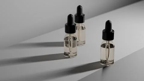 Three clear dropper bottles casting shadows on white surface 스톡 일러스트