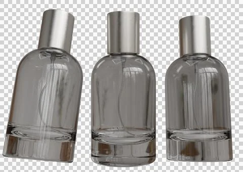 Three clear glass perfume bottles with silver caps Stock Illustration