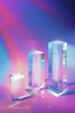 Three clear glass rectangle prism podiums on holographic colored background Stock Photos