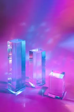 Three clear glass rectangle prism podiums on holographic colored background Stock Photos