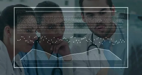 Three clinicians reviewing diagnostic data on transparent display as text fading 스톡 동영상 312829124